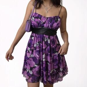 Vintage Y2K Ruby Rox Purple Floral Tie Waist Layered Ruffle Dress Medium